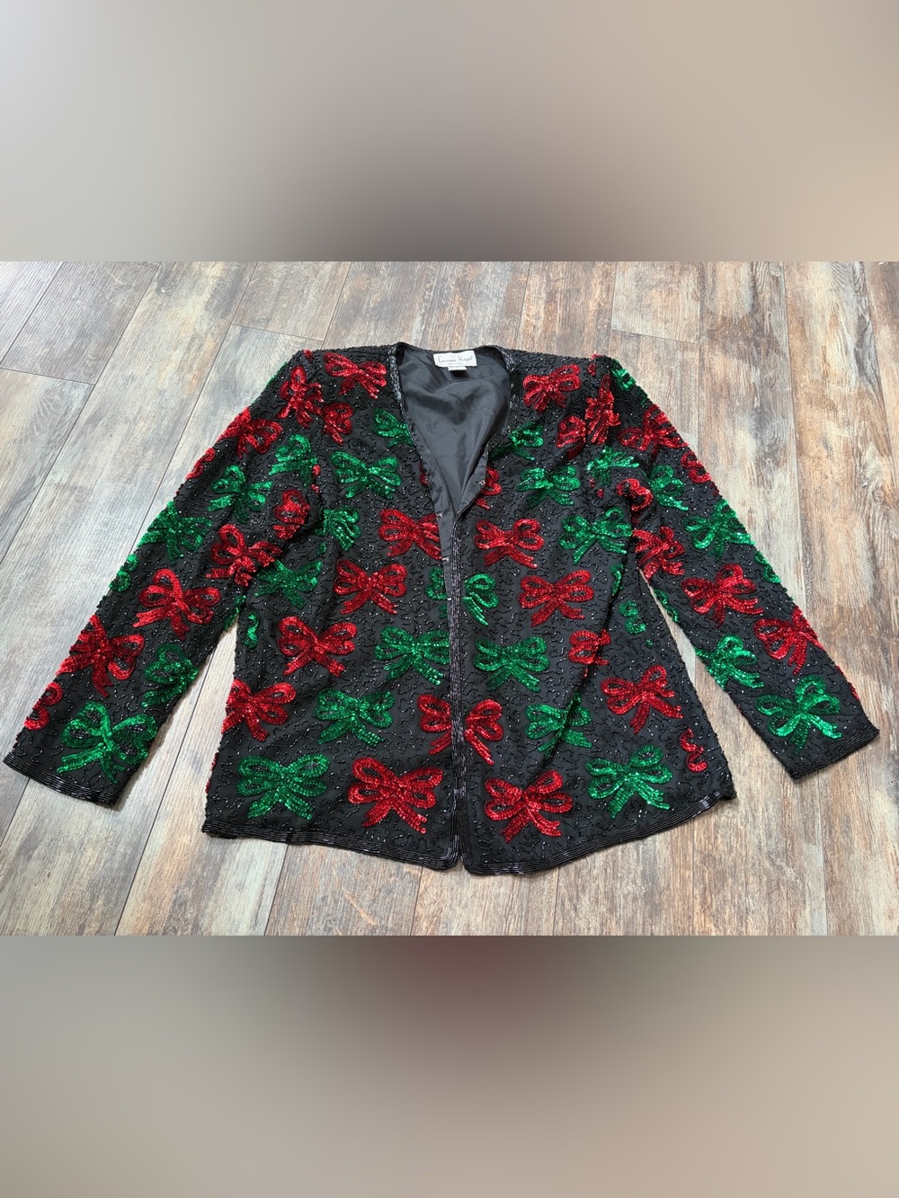 Laurence Kazar New York Embellished Sequin Beaded Holiday Bow Jacket Sz XL